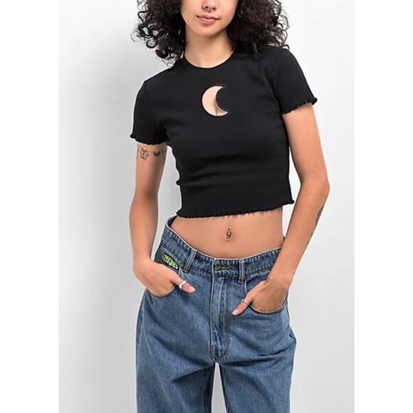 Y2K ALAB Katrina Moon Cutout Black Crop Top Ruffled Hems Whimsical Gothic Sz XS - Picture 1 of 7
